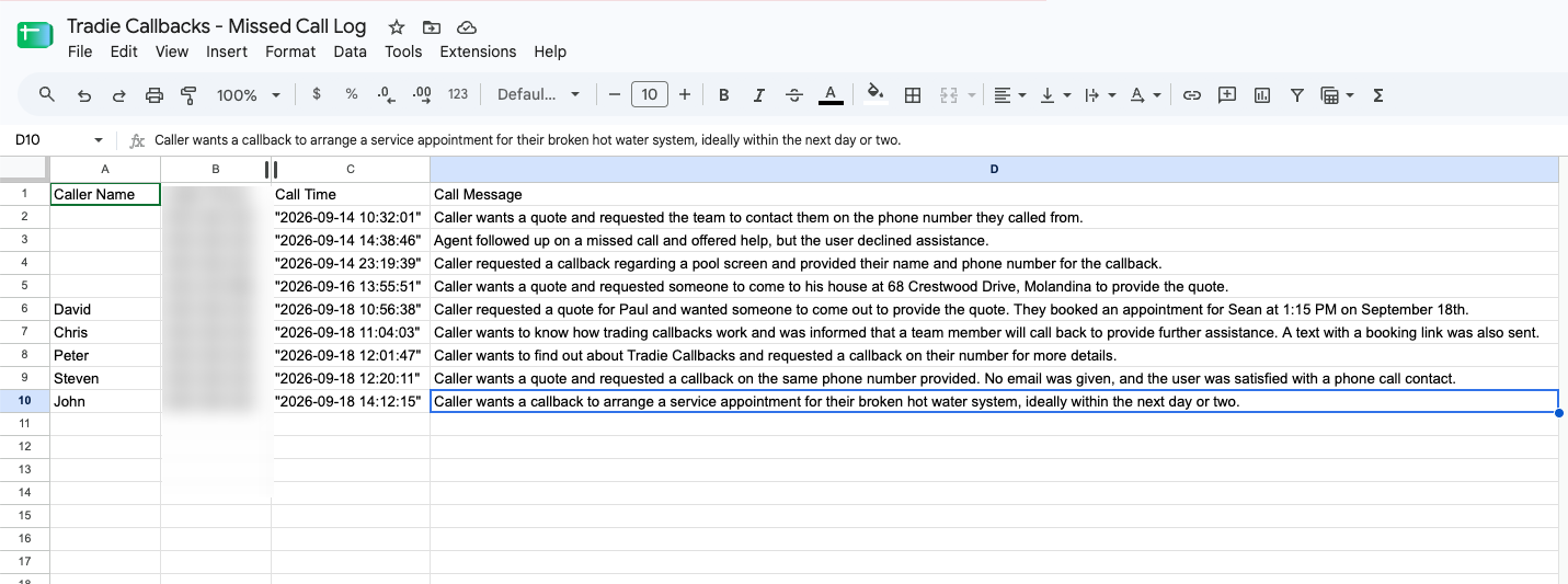 Real call log spreadsheet