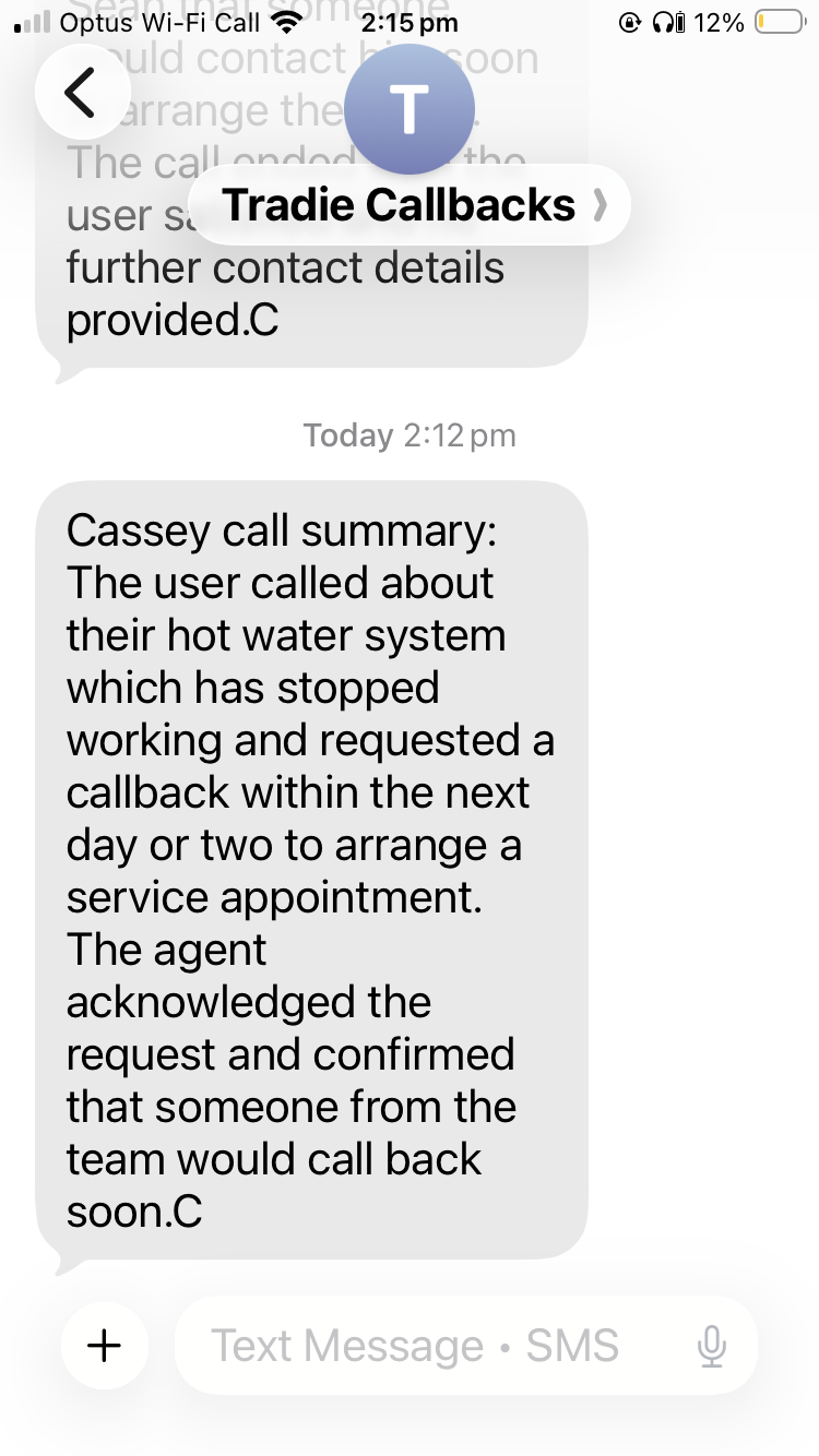 Real call summary text message
